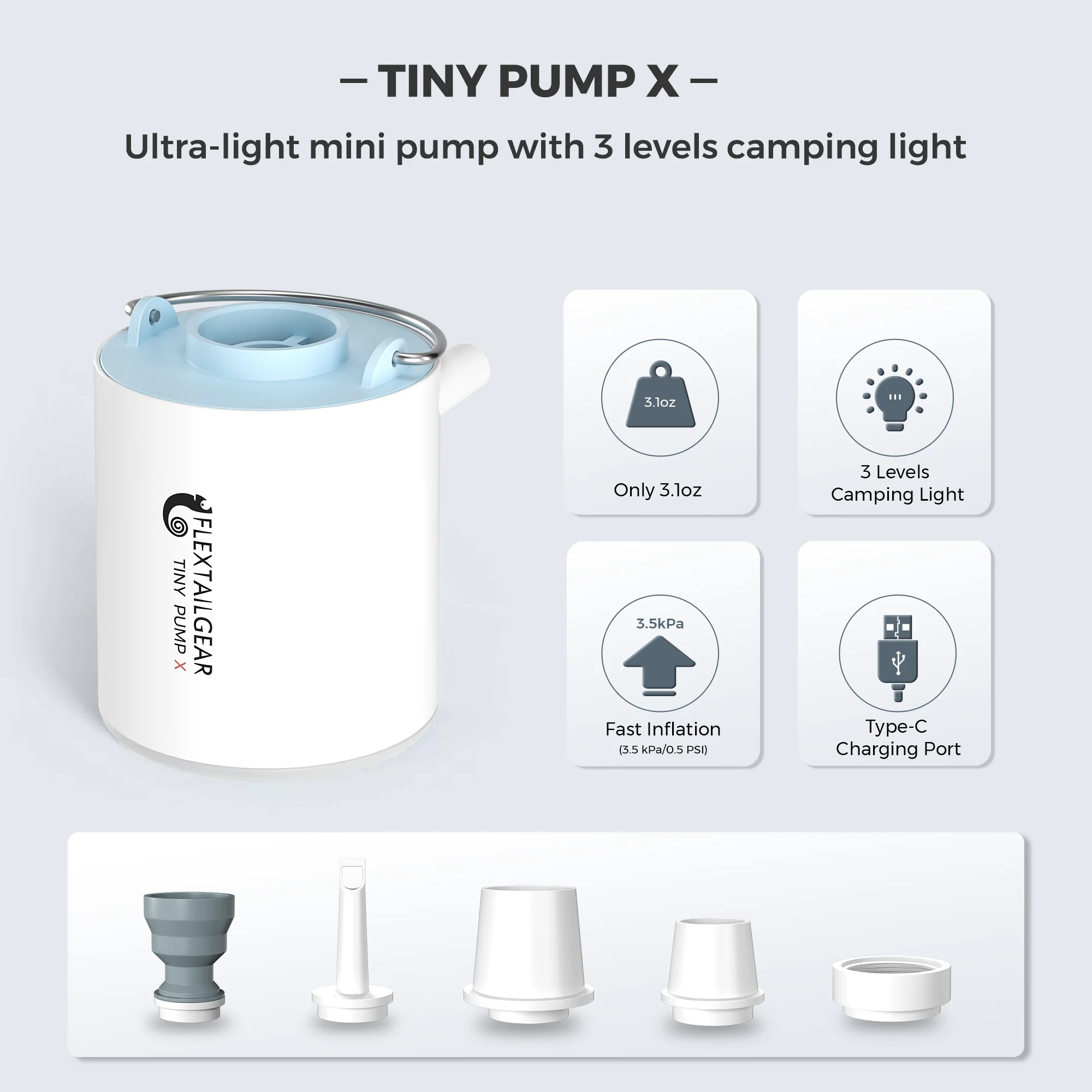 FLEXTAIL mini pompka kempingowa USB‑C z lampką 🏕️